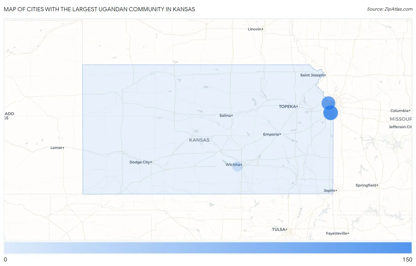 Cities with the Largest Ugandan Community in Kansas Map