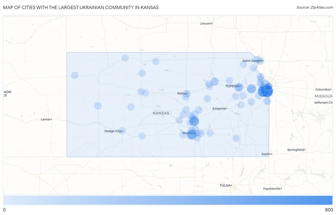 Cities with the Largest Ukrainian Community in Kansas Map
