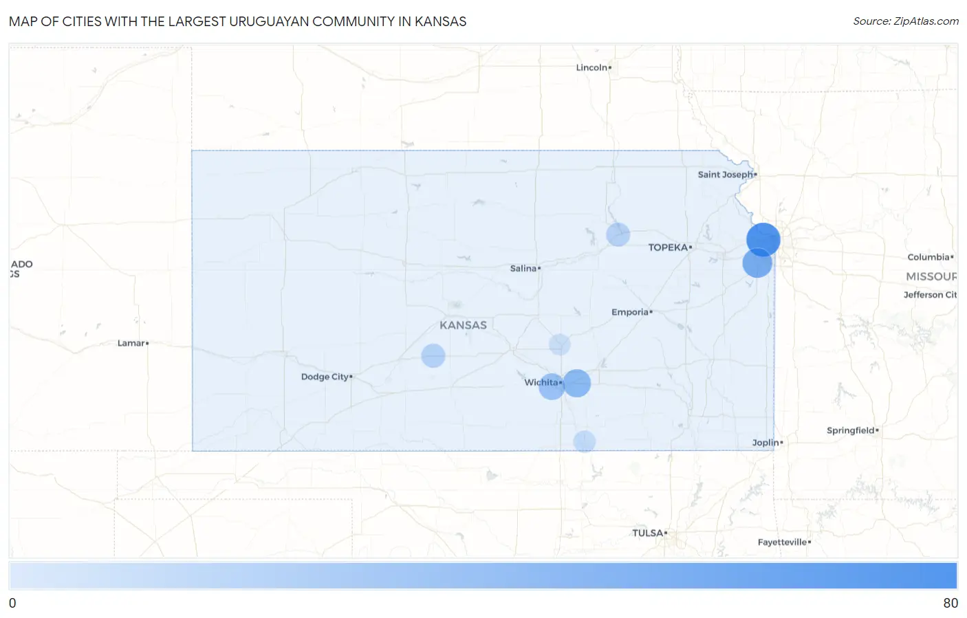 Cities with the Largest Uruguayan Community in Kansas Map