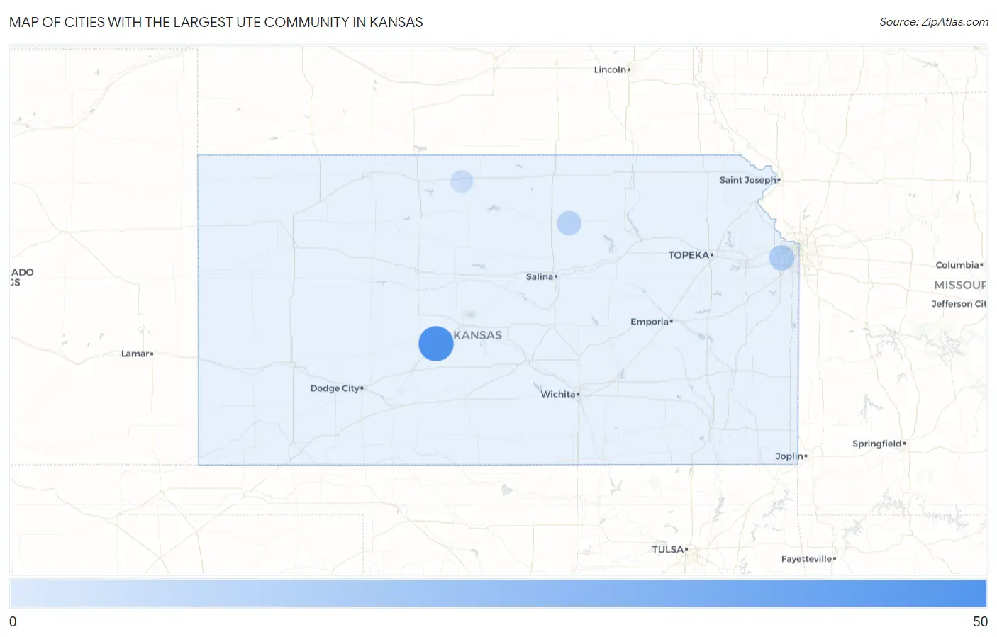 Cities with the Largest Ute Community in Kansas Map