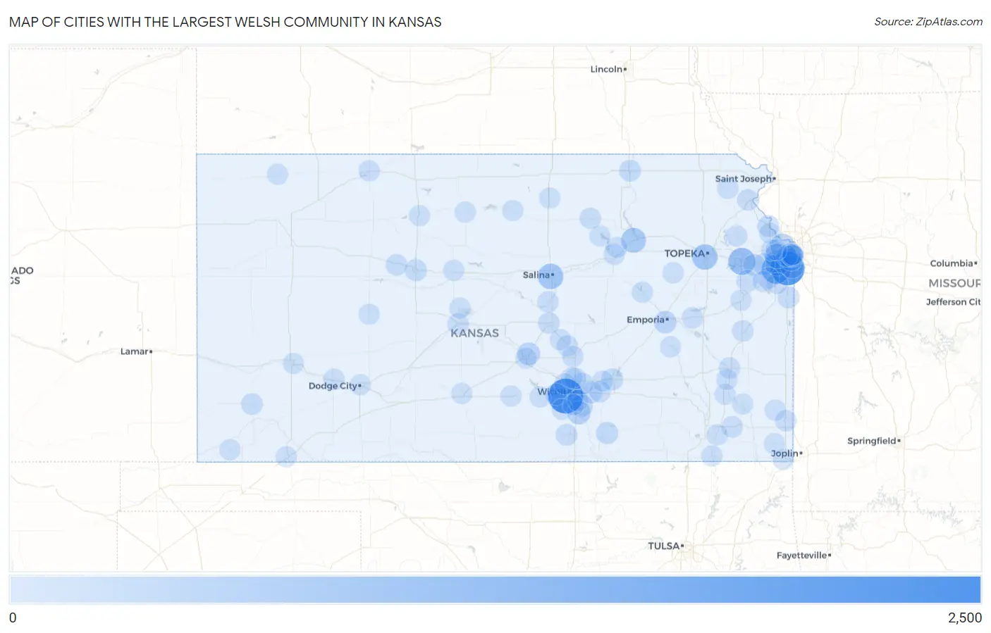 Cities with the Largest Welsh Community in Kansas Map