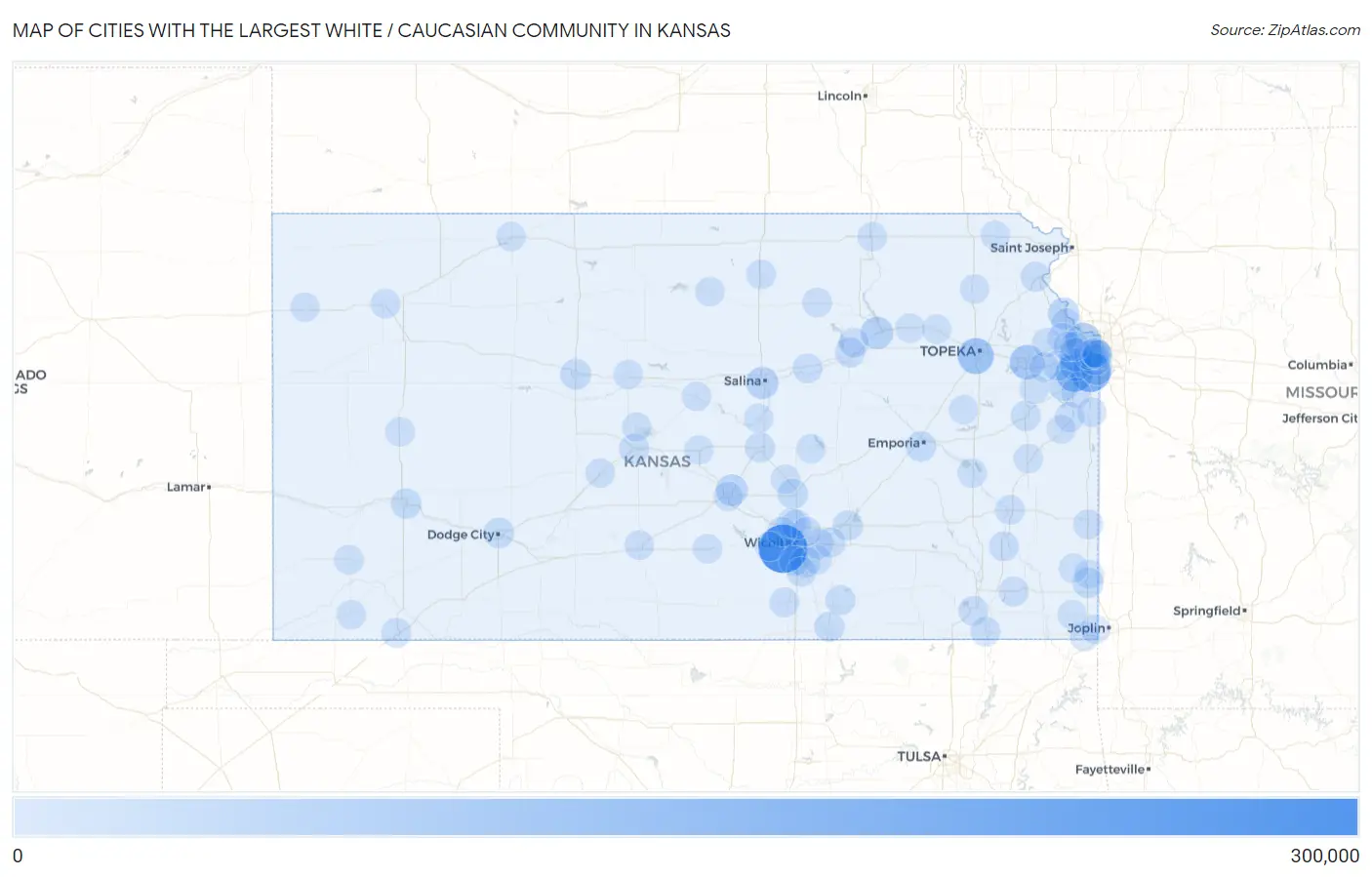 Cities with the Largest White / Caucasian Community in Kansas Map