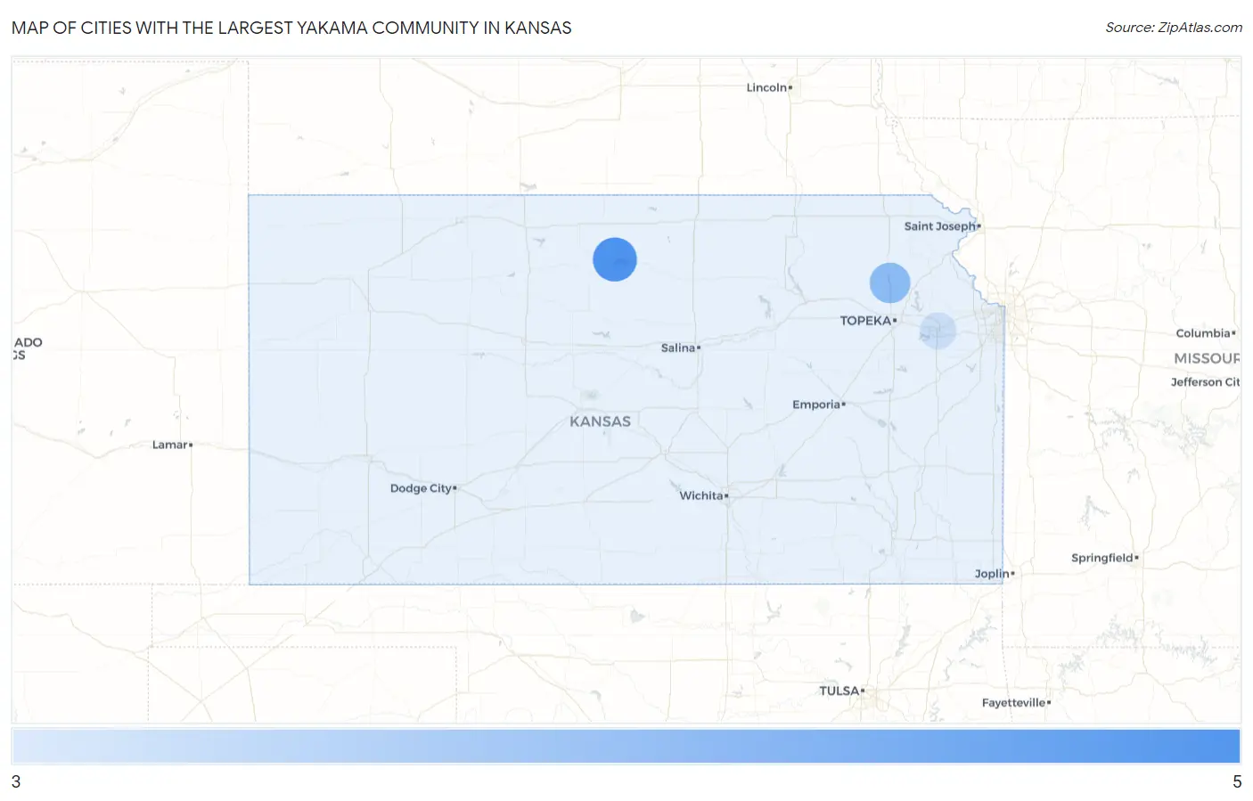 Cities with the Largest Yakama Community in Kansas Map