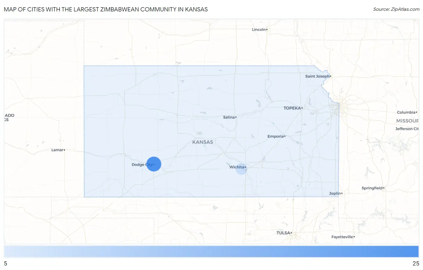 Cities with the Largest Zimbabwean Community in Kansas Map