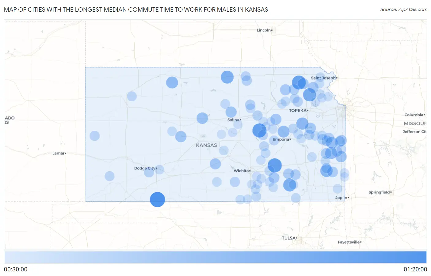 Cities with the Longest Median Commute Time to Work for Males in Kansas Map