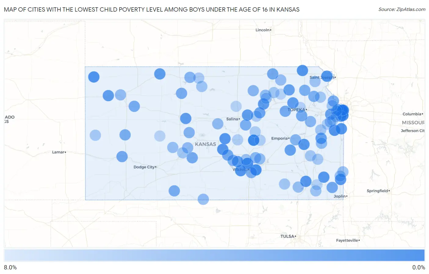 Cities with the Lowest Child Poverty Level Among Boys Under the Age of 16 in Kansas Map