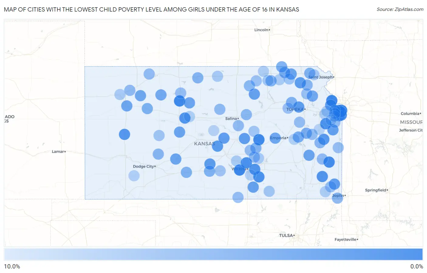 Cities with the Lowest Child Poverty Level Among Girls Under the Age of 16 in Kansas Map