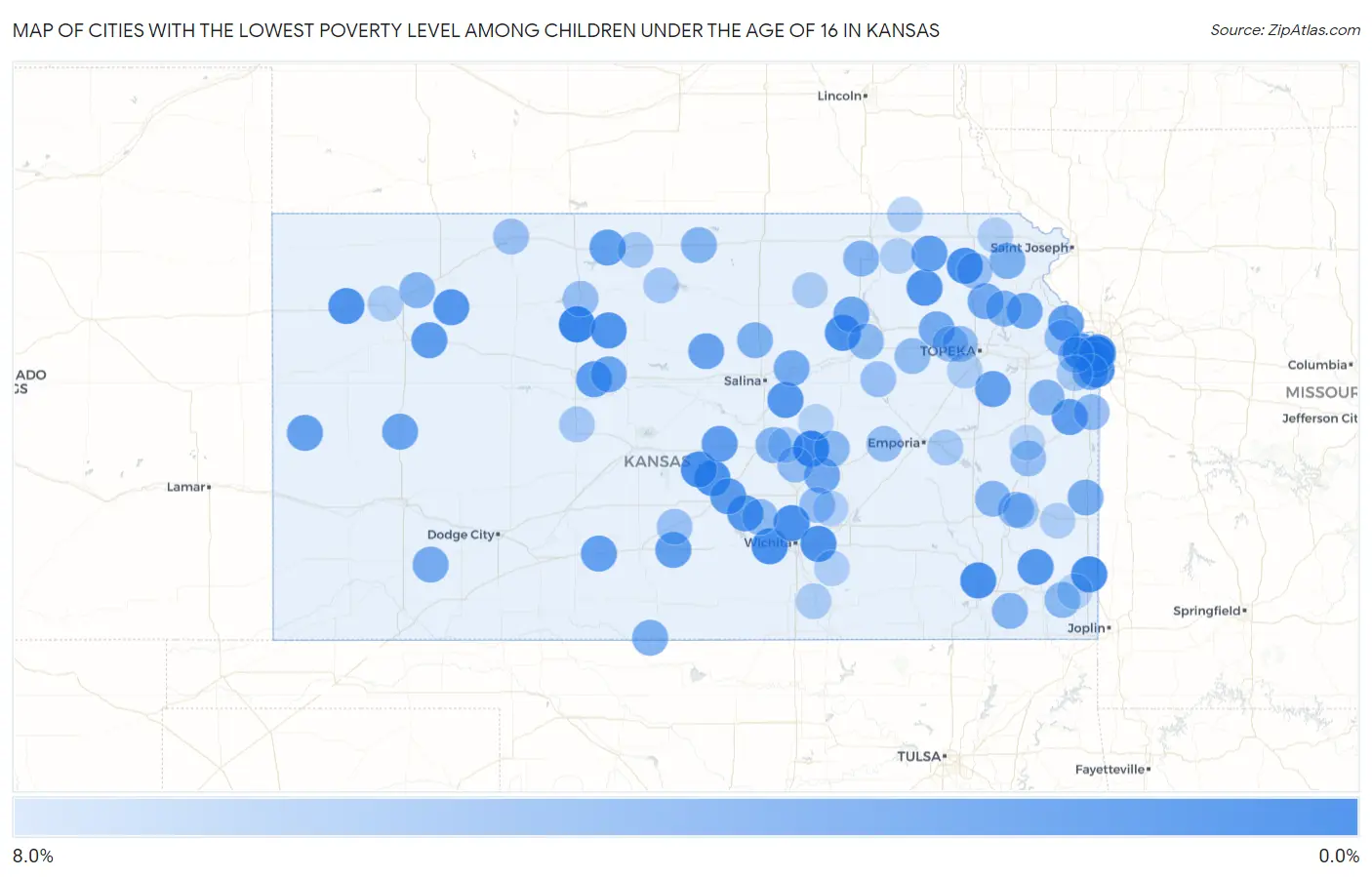 Cities with the Lowest Poverty Level Among Children Under the Age of 16 in Kansas Map