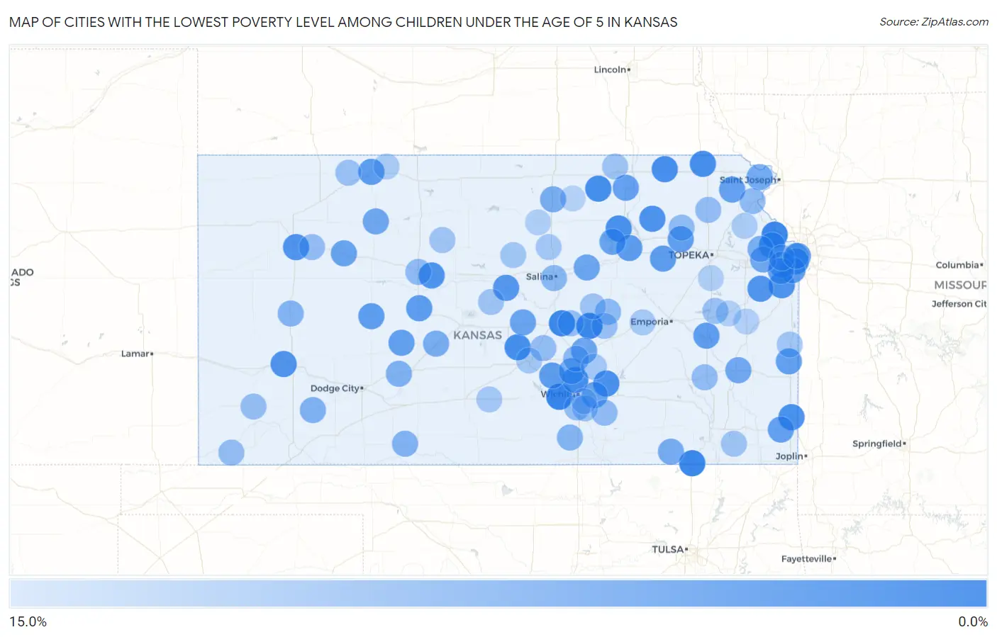 Cities with the Lowest Poverty Level Among Children Under the Age of 5 in Kansas Map