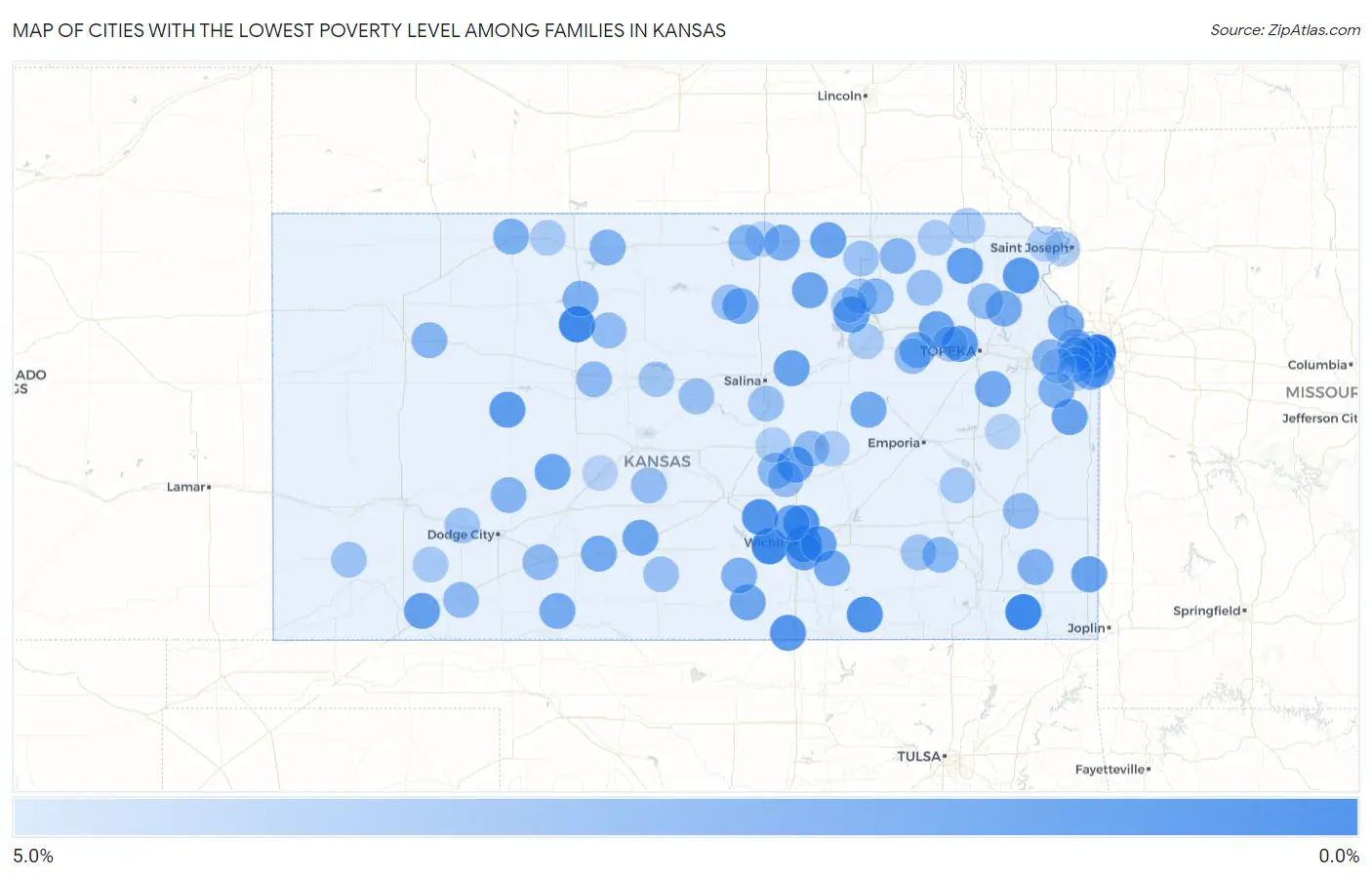 Cities with the Lowest Poverty Level Among Families in Kansas Map