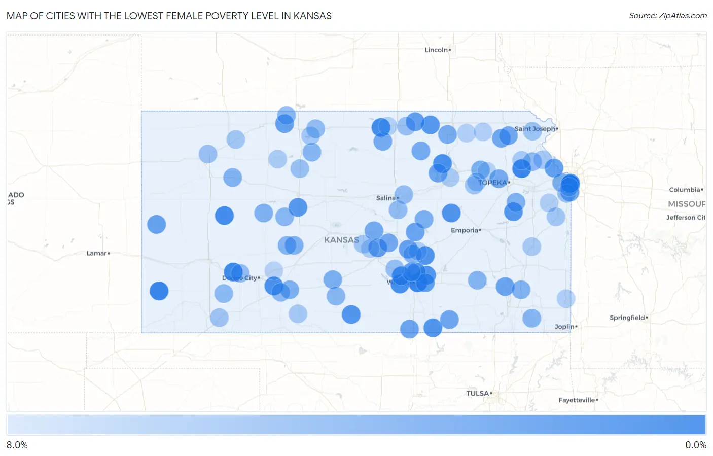 Cities with the Lowest Female Poverty Level in Kansas Map