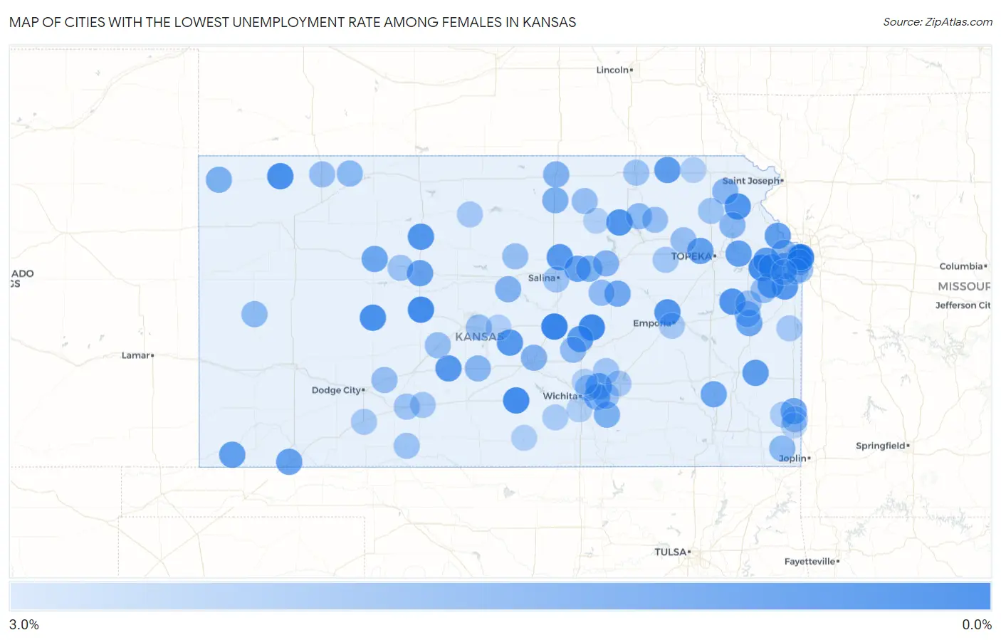 Cities with the Lowest Unemployment Rate Among Females in Kansas Map