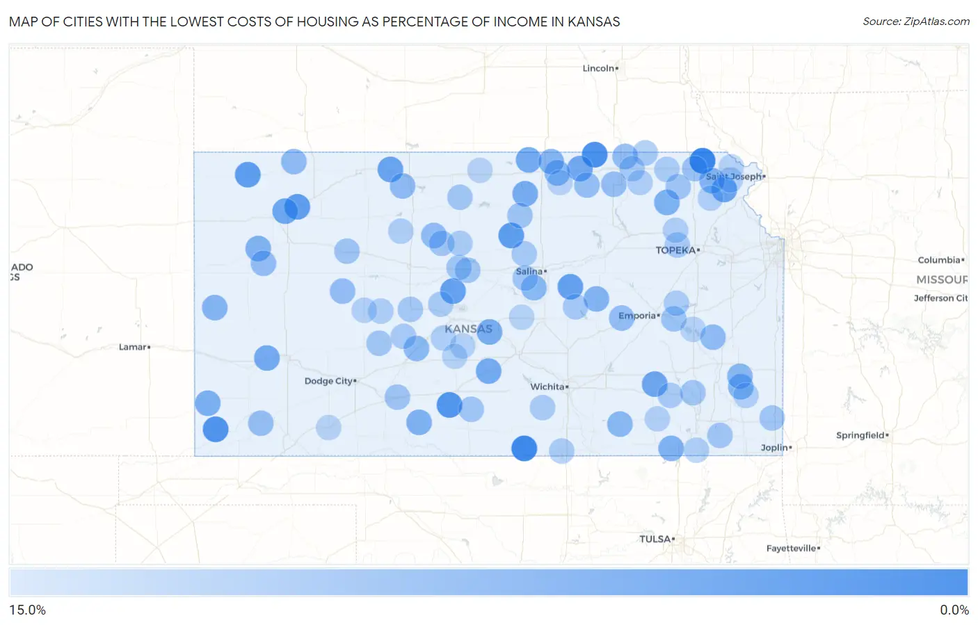 Cities with the Lowest Costs of Housing as Percentage of Income in Kansas Map