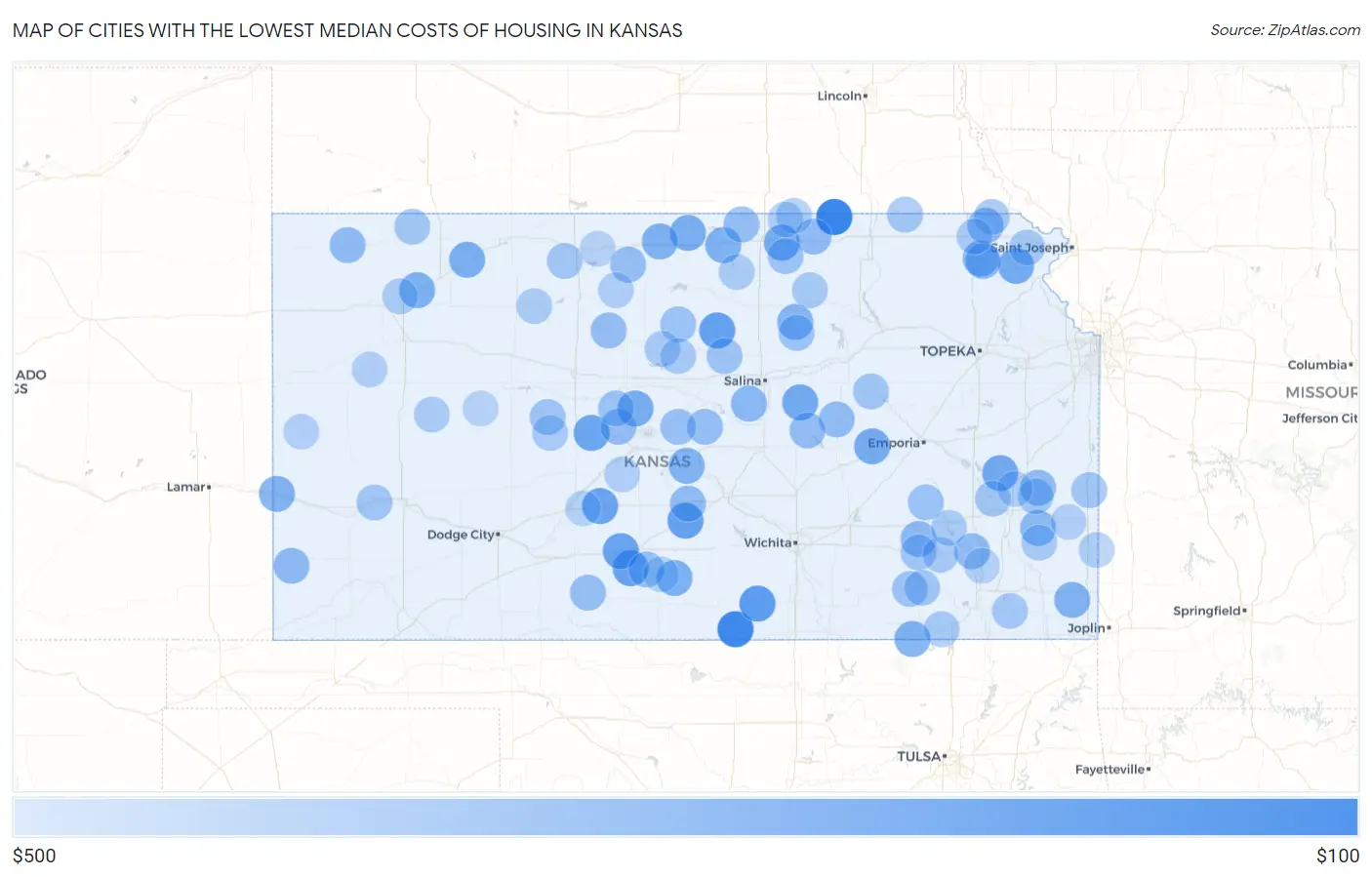 Cities with the Lowest Median Costs of Housing in Kansas Map