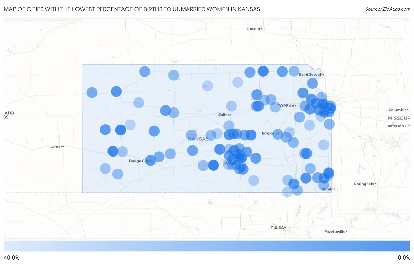 Cities with the Lowest Percentage of Births to Unmarried Women in Kansas Map
