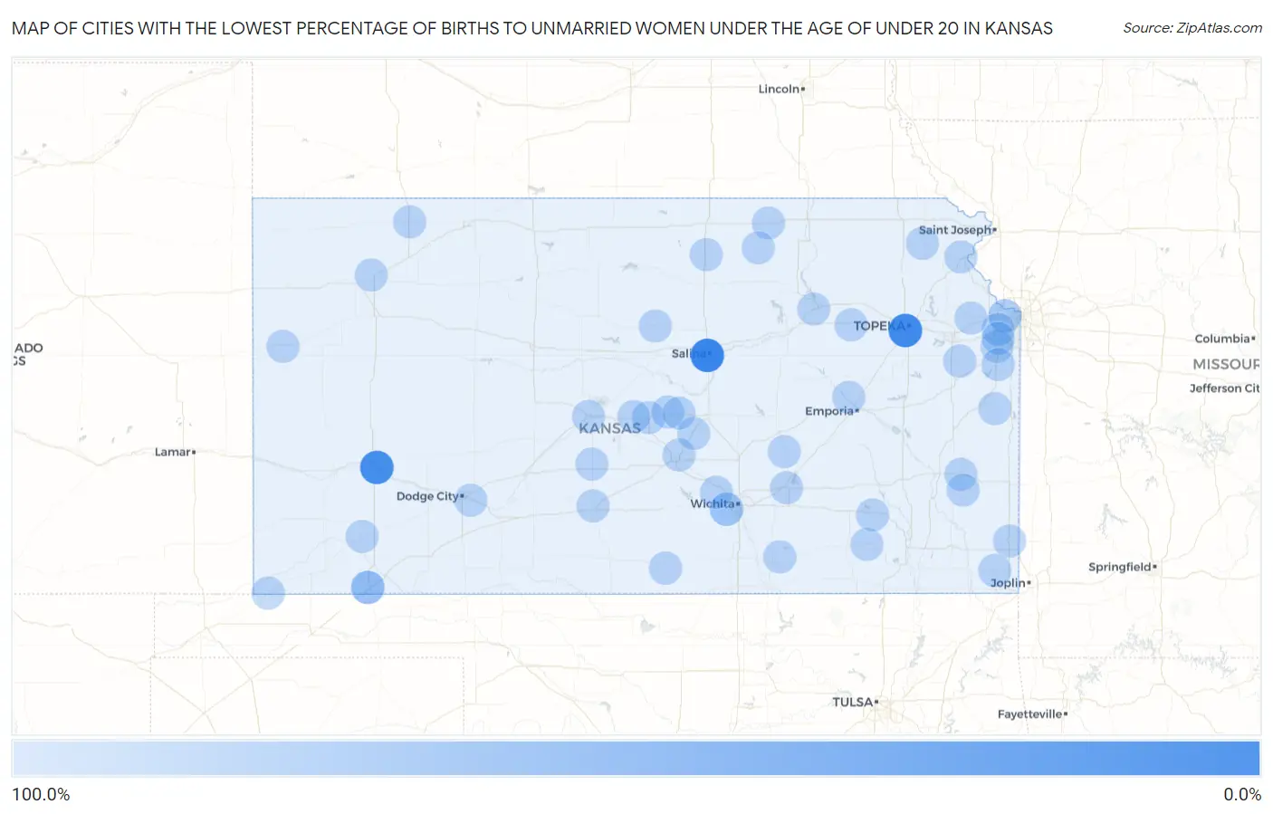 Cities with the Lowest Percentage of Births to Unmarried Women under the Age of under 20 in Kansas Map