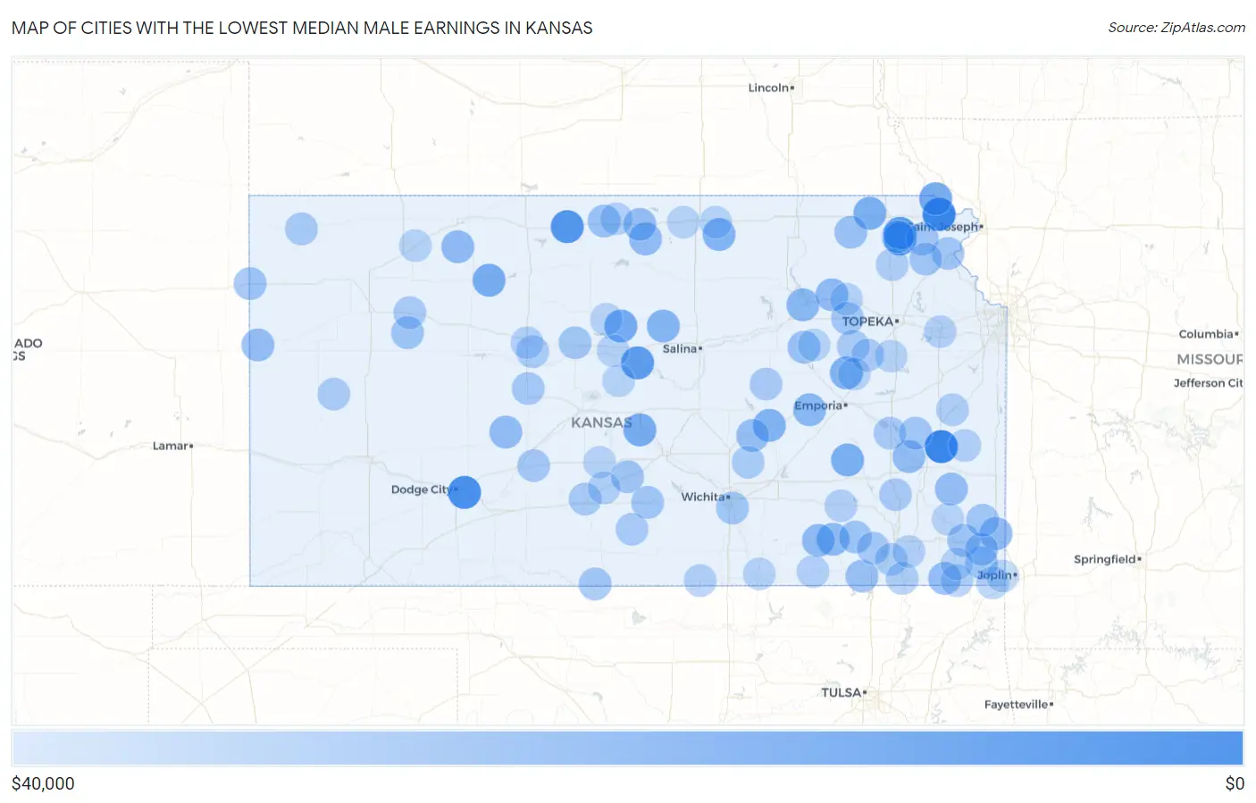 Cities with the Lowest Median Male Earnings in Kansas Map