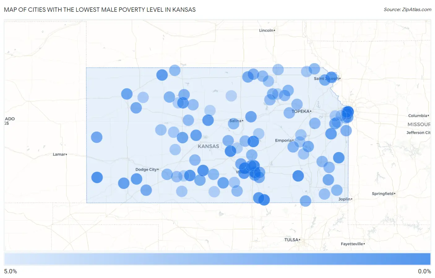 Cities with the Lowest Male Poverty Level in Kansas Map