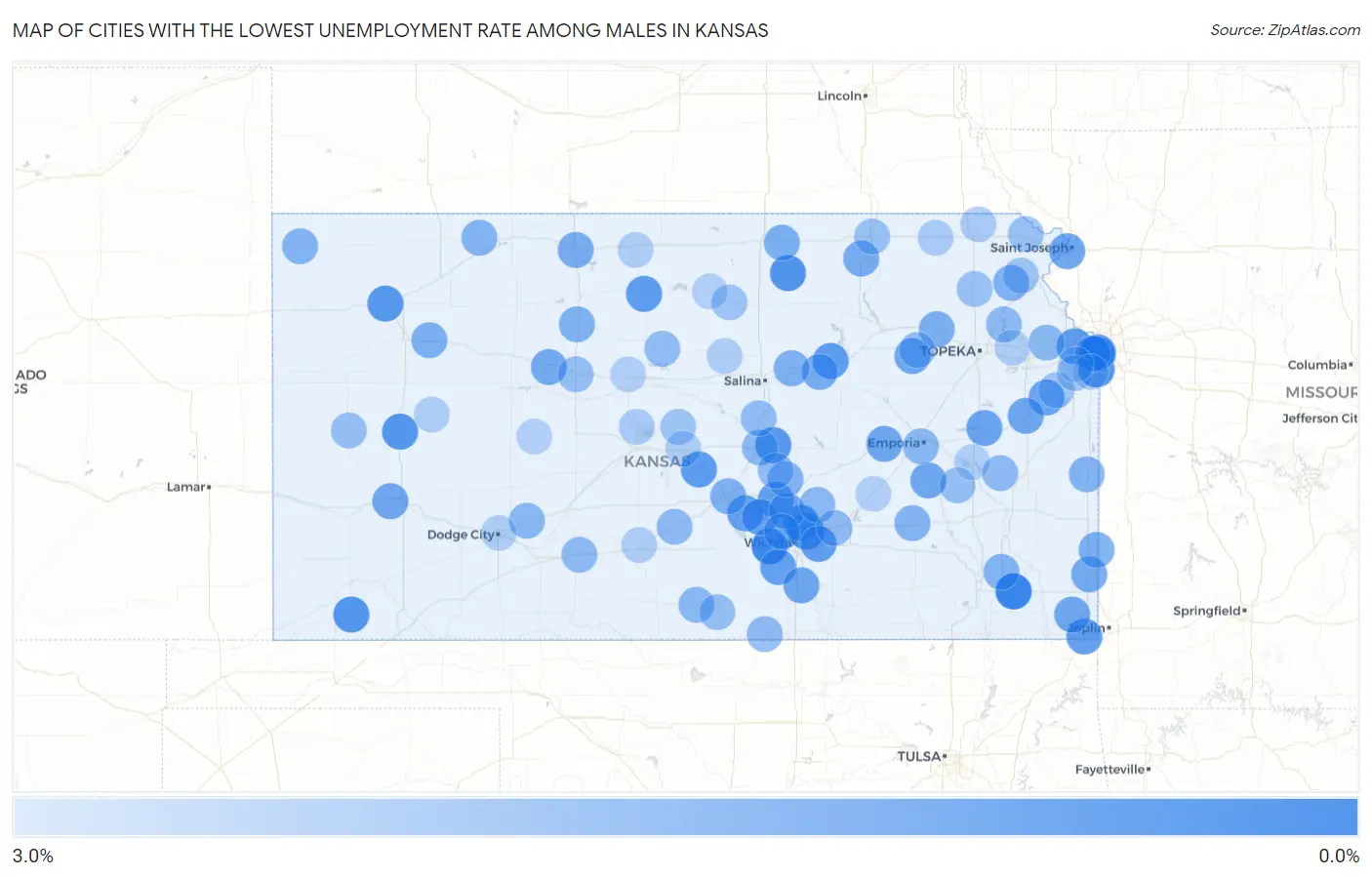 Cities with the Lowest Unemployment Rate Among Males in Kansas Map