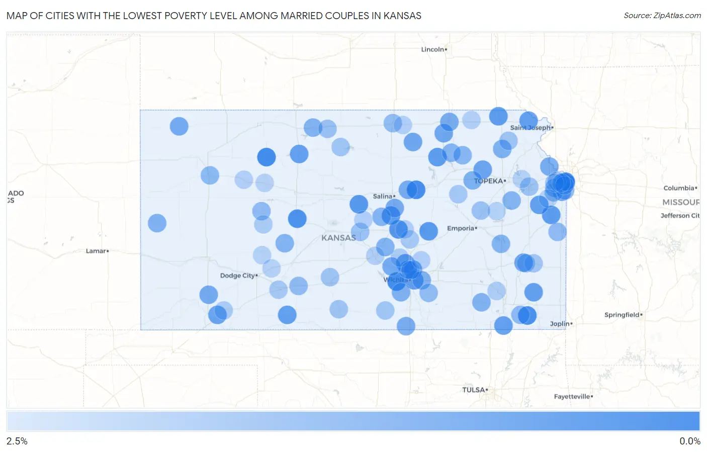 Cities with the Lowest Poverty Level Among Married Couples in Kansas Map