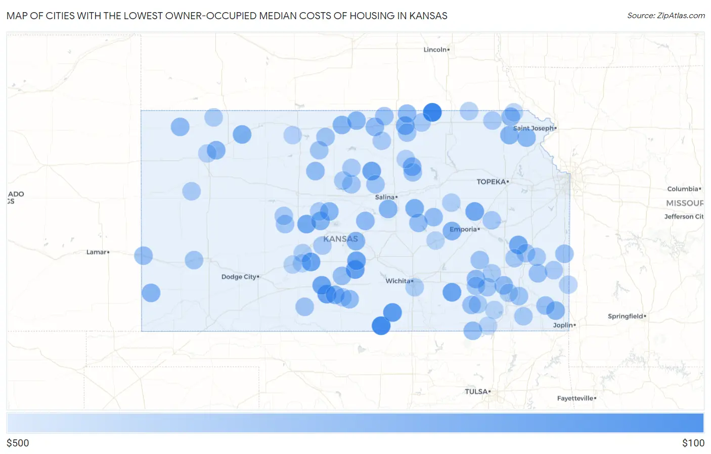 Cities with the Lowest Owner-Occupied Median Costs of Housing in Kansas Map
