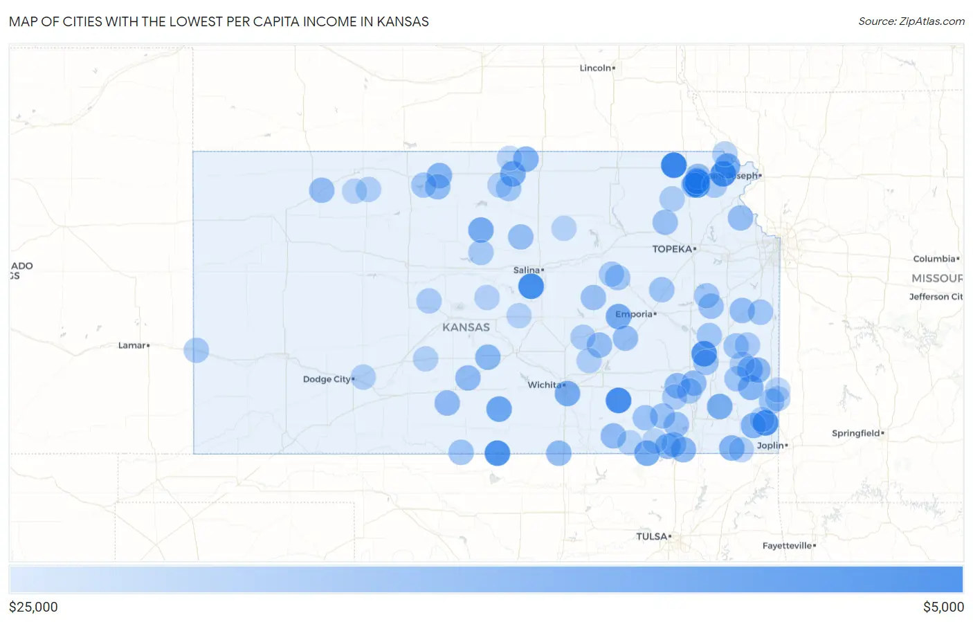 Cities with the Lowest Per Capita Income in Kansas Map