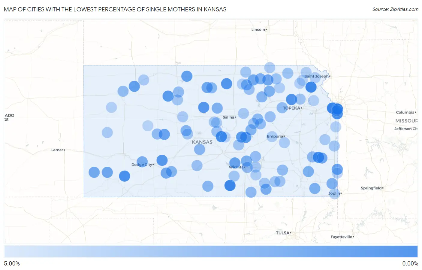 Cities with the Lowest Percentage of Single Mothers in Kansas Map