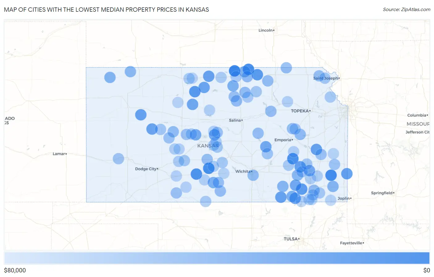 Cities with the Lowest Median Property Prices in Kansas Map