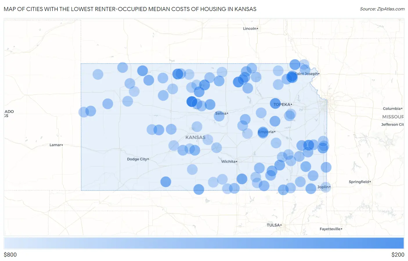 Cities with the Lowest Renter-Occupied Median Costs of Housing in Kansas Map