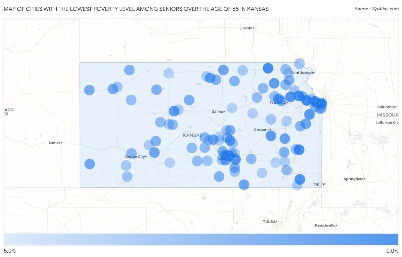 Cities with the Lowest Poverty Level Among Seniors Over the Age of 65 in Kansas Map