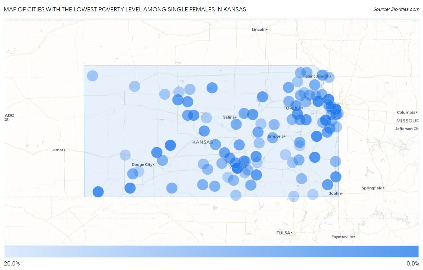 Cities with the Lowest Poverty Level Among Single Females in Kansas Map