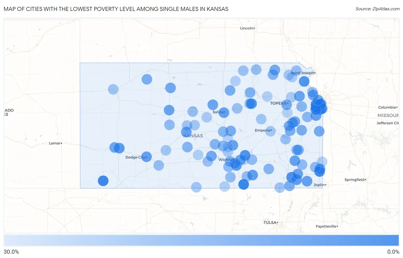 Cities with the Lowest Poverty Level Among Single Males in Kansas Map