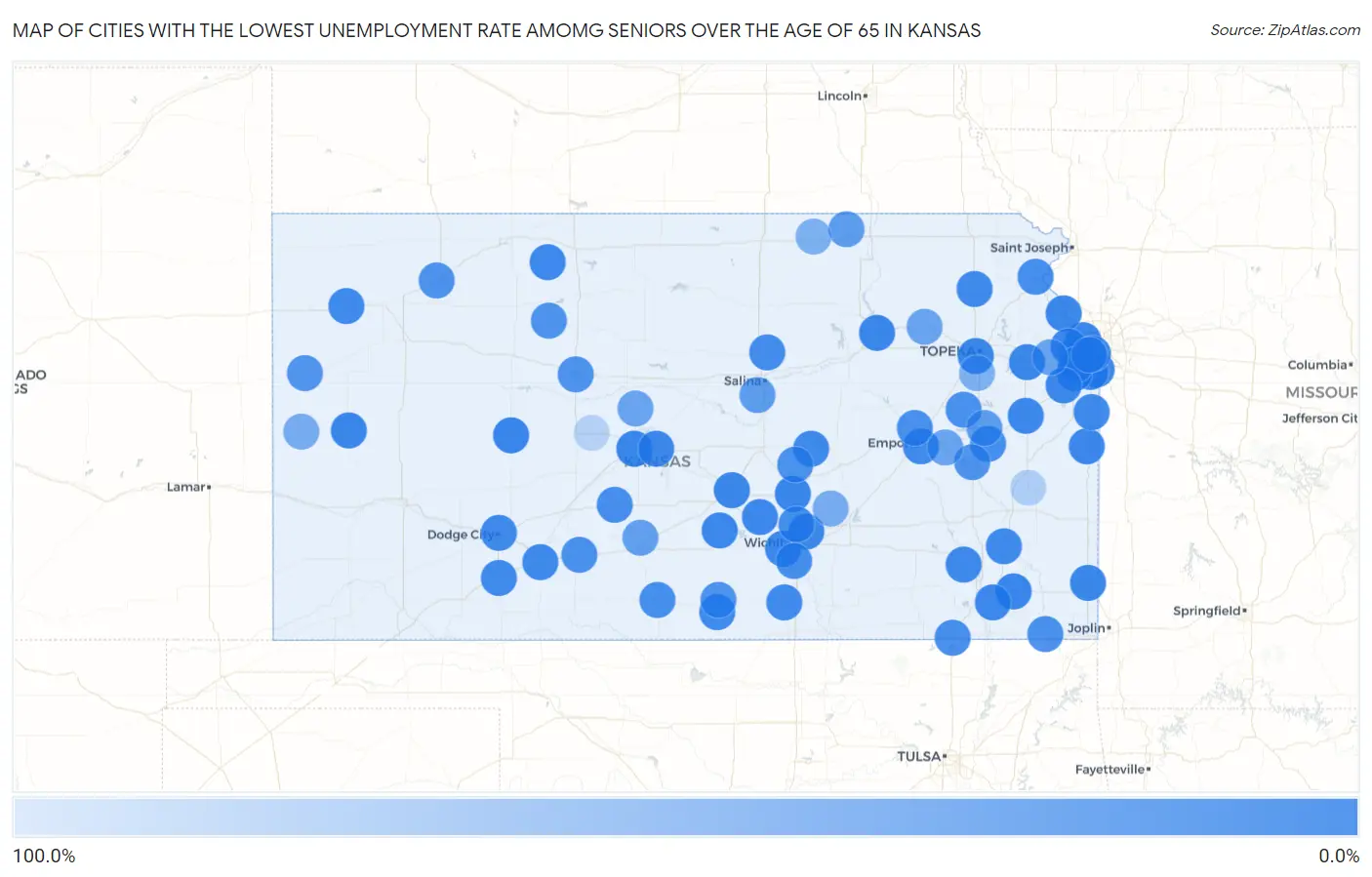 Cities with the Lowest Unemployment Rate Amomg Seniors Over the Age of 65 in Kansas Map