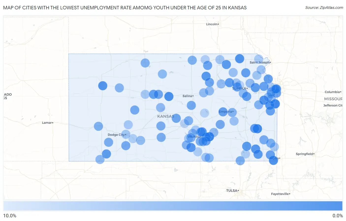 Cities with the Lowest Unemployment Rate Amomg Youth Under the Age of 25 in Kansas Map