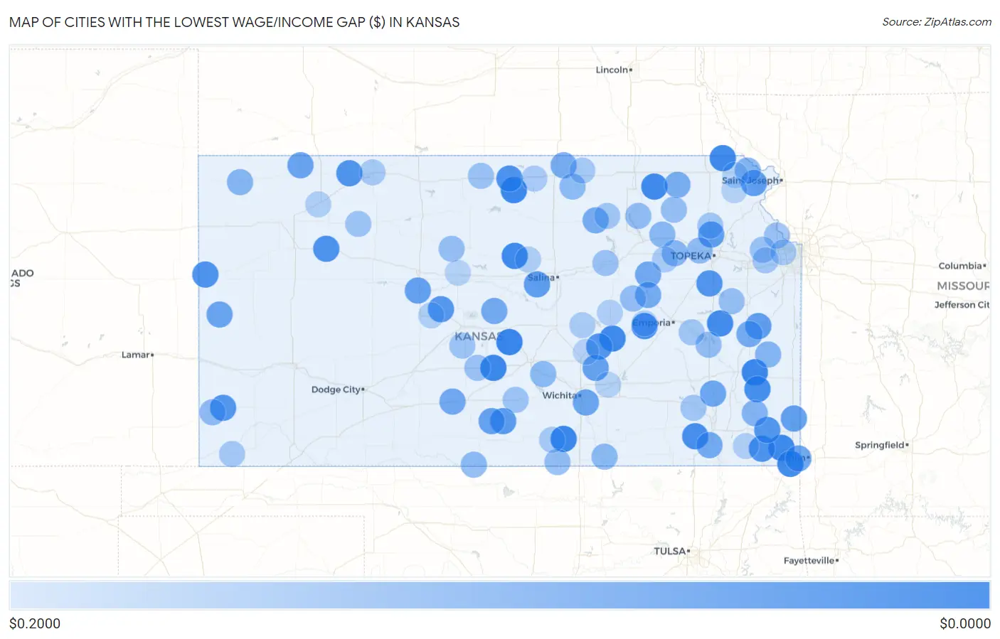 Cities with the Lowest Wage/Income Gap ($) in Kansas Map