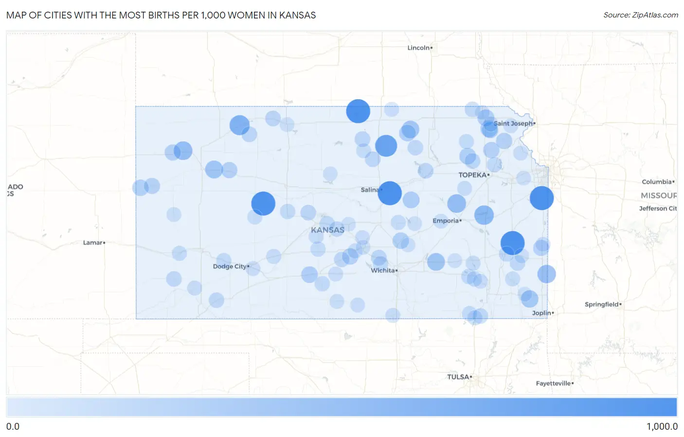 Cities with the Most Births per 1,000 Women in Kansas Map