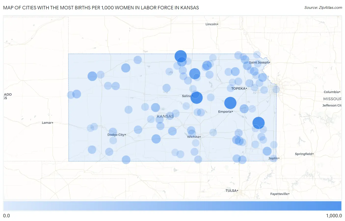 Cities with the Most Births per 1,000 Women in Labor Force in Kansas Map