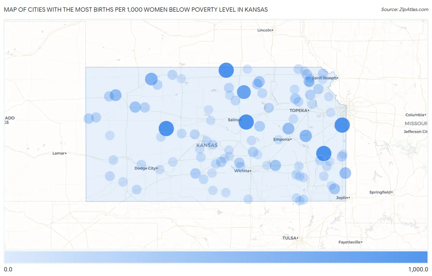 Cities with the Most Births per 1,000 Women Below Poverty Level in Kansas Map