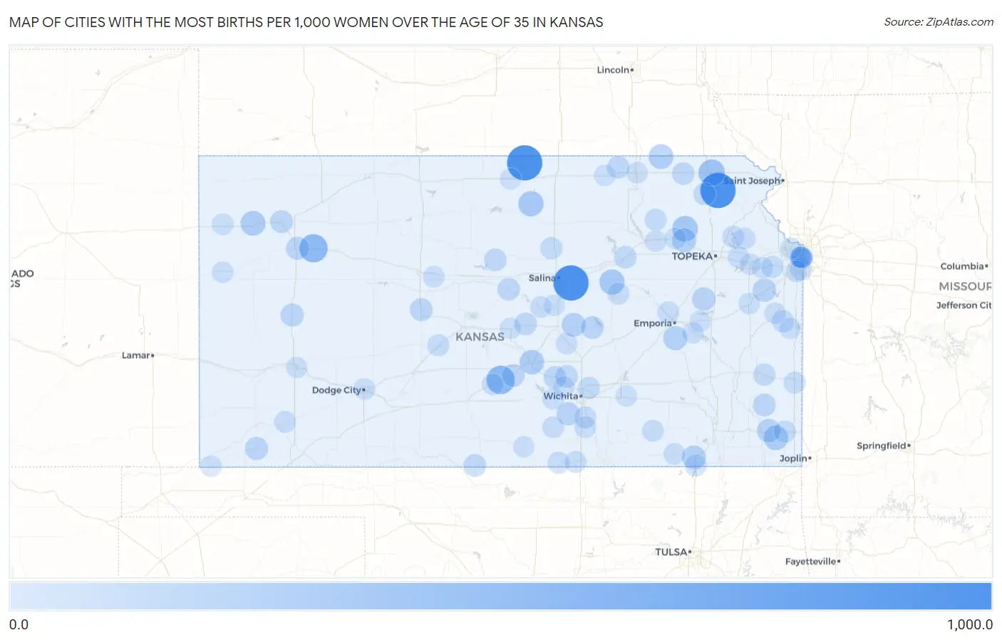 Cities with the Most Births per 1,000 Women Over the Age of 35 in Kansas Map