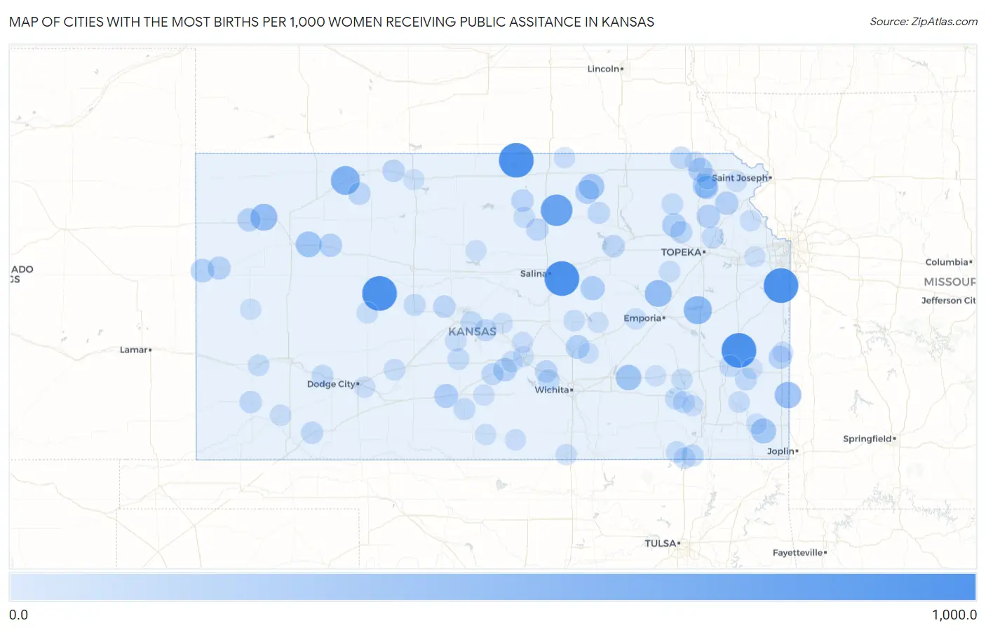Cities with the Most Births per 1,000 Women Receiving Public Assitance in Kansas Map