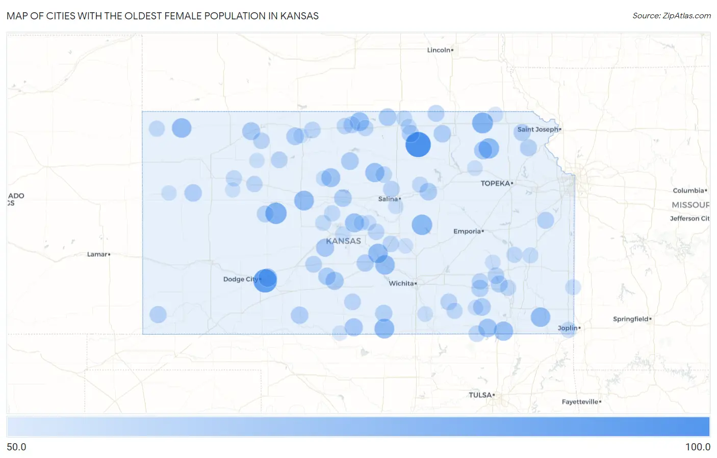 Cities with the Oldest Female Population in Kansas Map