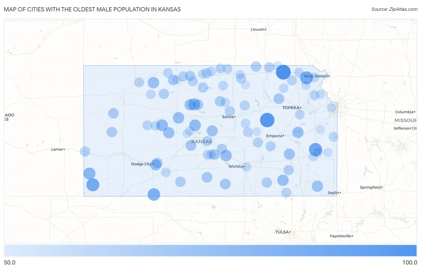 Cities with the Oldest Male Population in Kansas Map