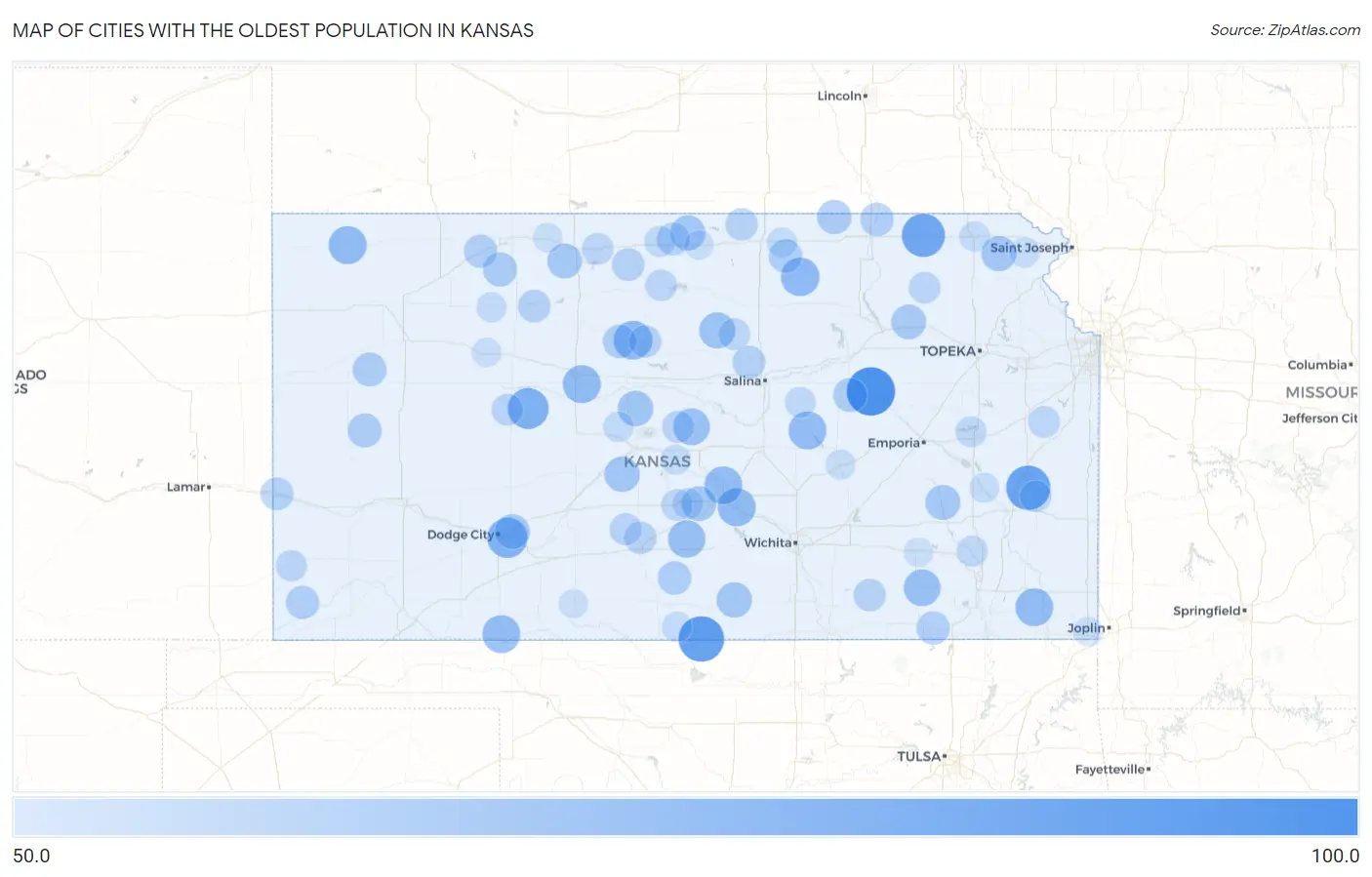 Cities with the Oldest Population in Kansas Map