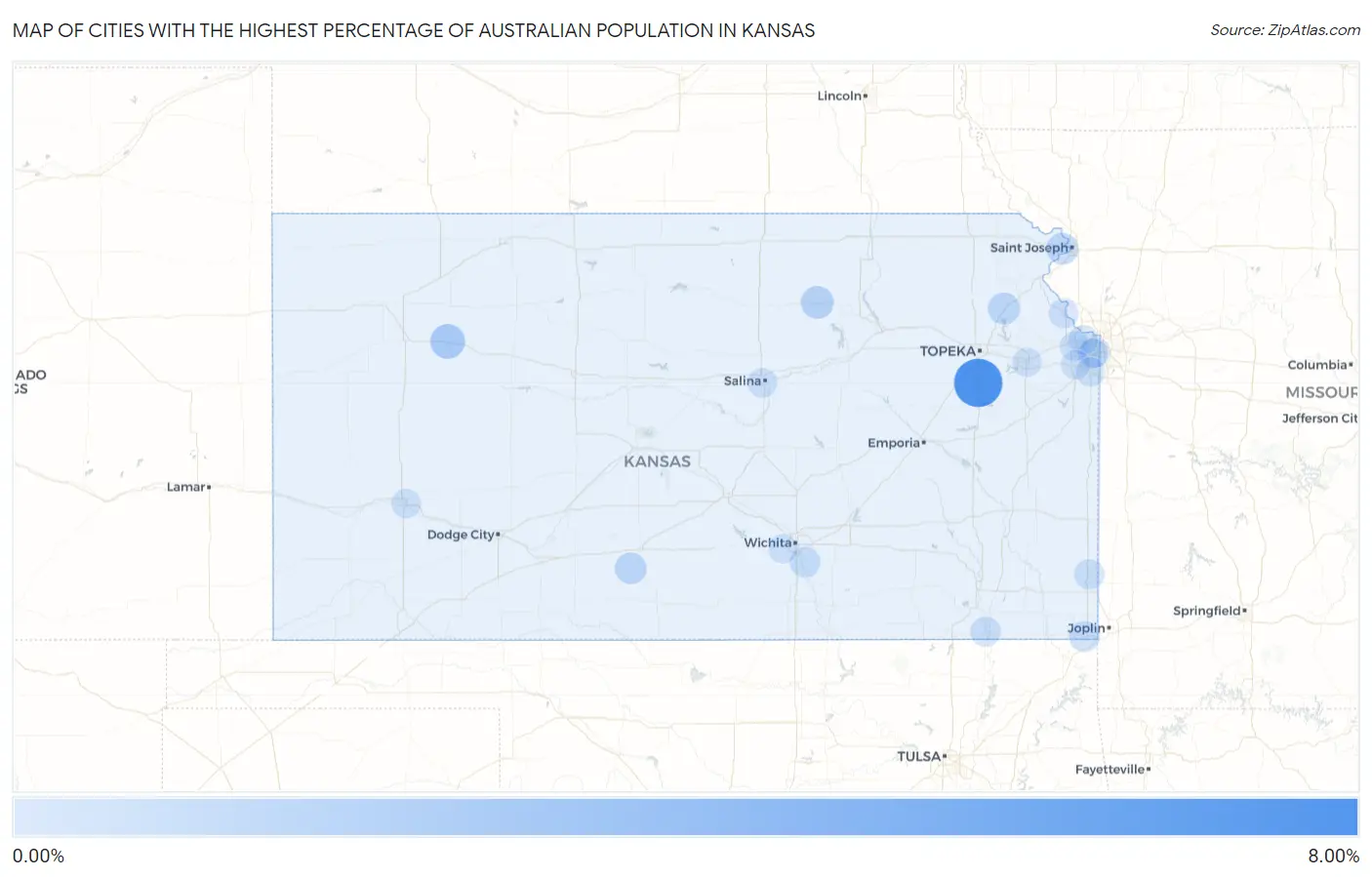 Cities with the Highest Percentage of Australian Population in Kansas Map