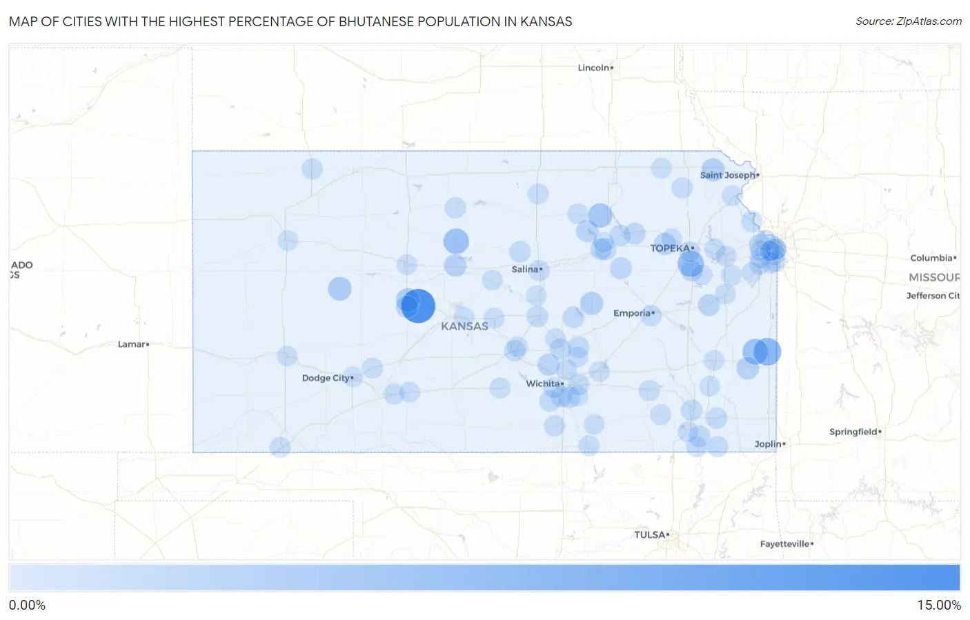 Cities with the Highest Percentage of Bhutanese Population in Kansas Map