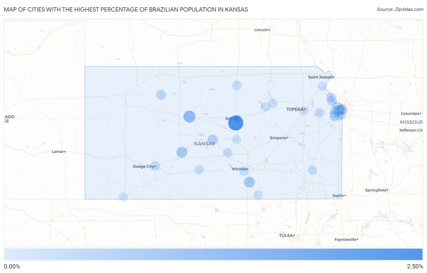 Cities with the Highest Percentage of Brazilian Population in Kansas Map
