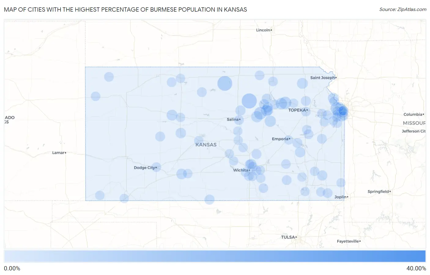 Cities with the Highest Percentage of Burmese Population in Kansas Map