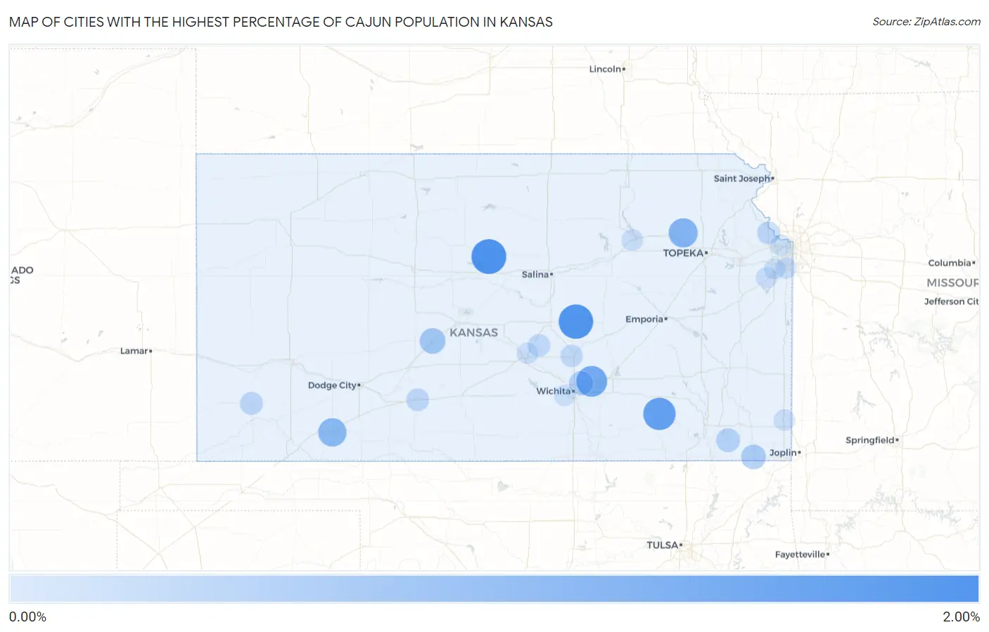 Cities with the Highest Percentage of Cajun Population in Kansas Map