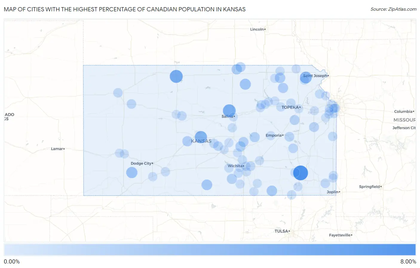 Cities with the Highest Percentage of Canadian Population in Kansas Map