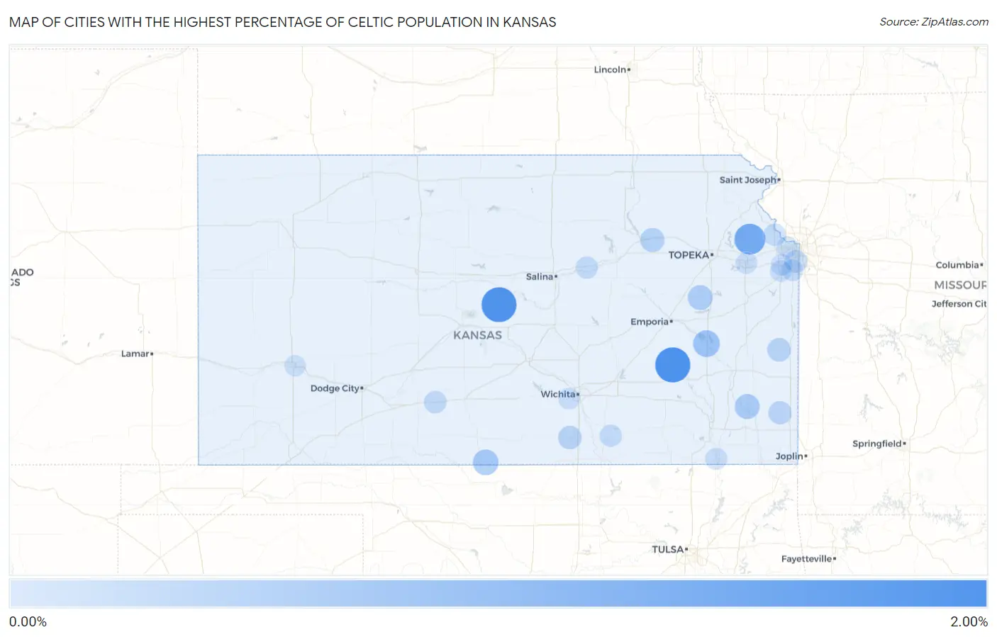 Cities with the Highest Percentage of Celtic Population in Kansas Map